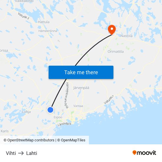 Vihti to Lahti map