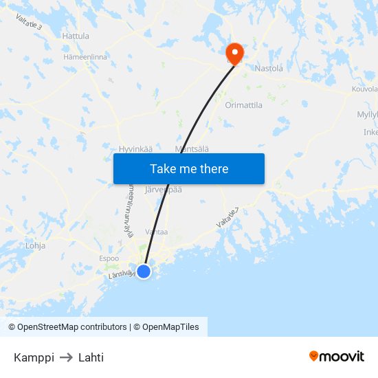 Kamppi to Lahti map