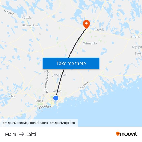 Malmi to Lahti map