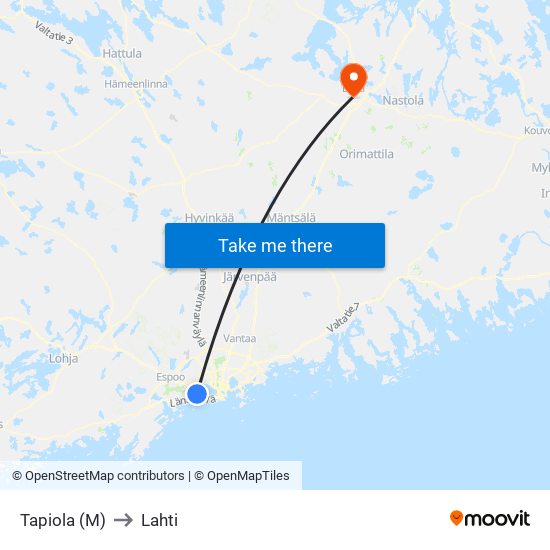 Tapiola (M) to Lahti map