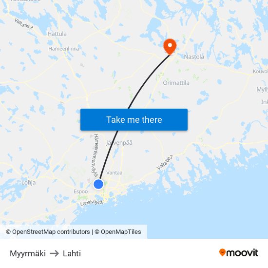 Myyrmäki to Lahti map