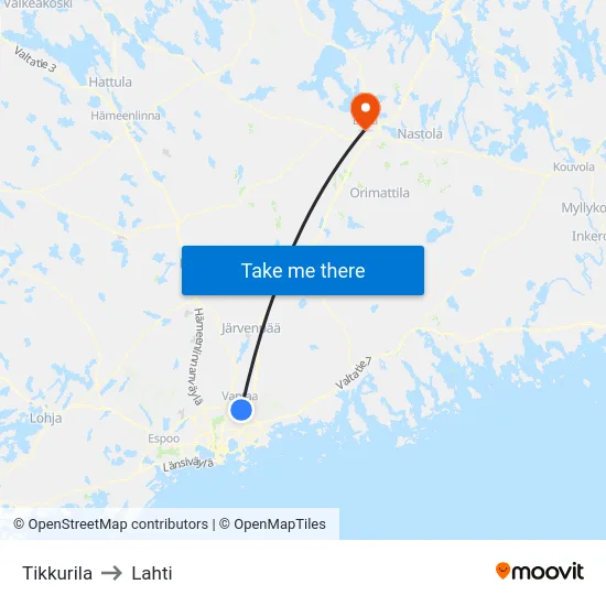 Tikkurila to Lahti map