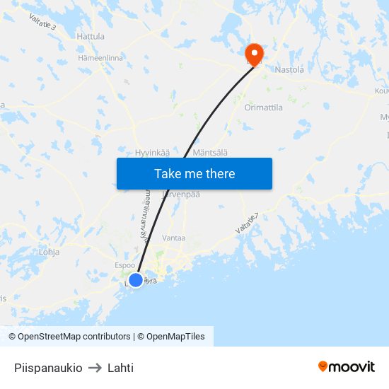 Piispanaukio to Lahti map