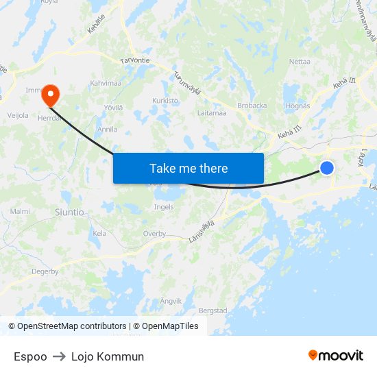 Espoo to Lojo Kommun map