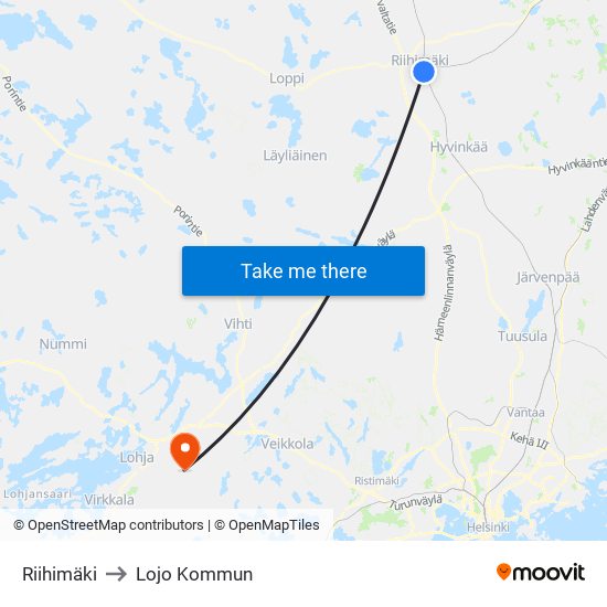 Riihimäki to Lojo Kommun map