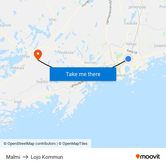 Malmi to Lojo Kommun map