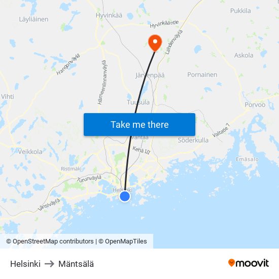 Helsinki to Mäntsälä map