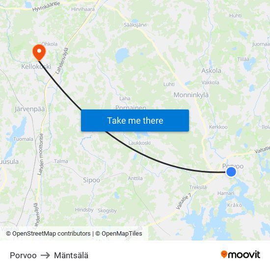Porvoo to Mäntsälä map