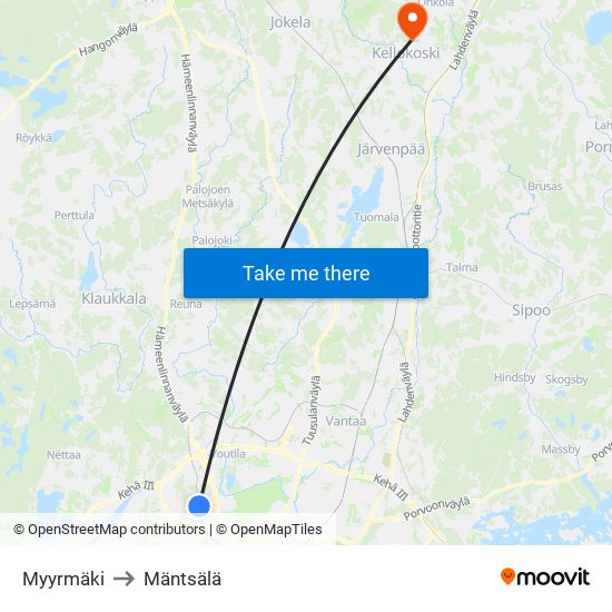 Myyrmäki to Mäntsälä map