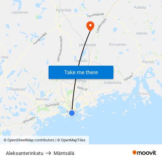 Aleksanterinkatu to Mäntsälä map