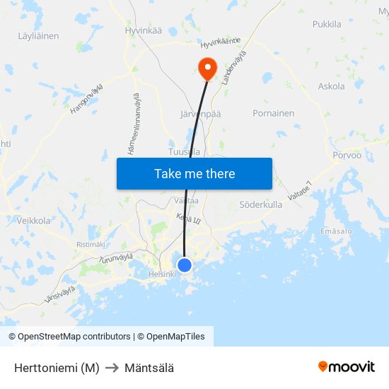 Herttoniemi (M) to Mäntsälä map