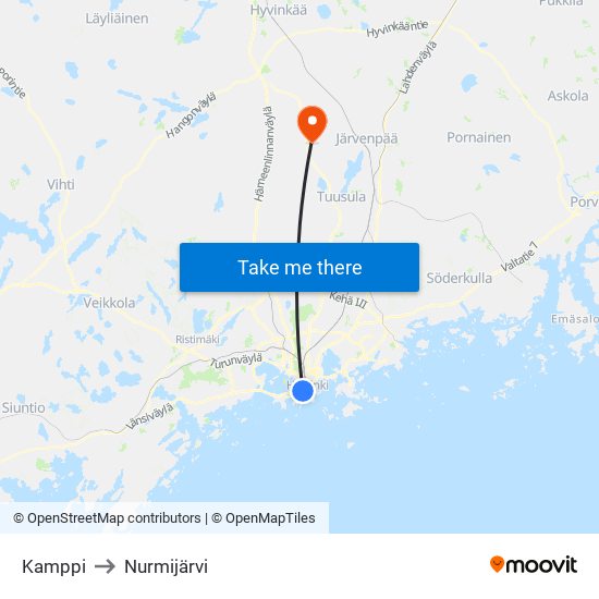 Kamppi to Nurmijärvi map