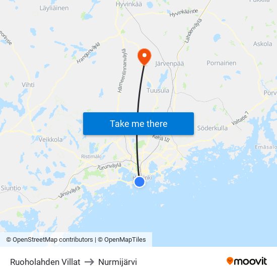 Ruoholahden Villat to Nurmijärvi map