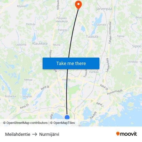 Meilahdentie to Nurmijärvi map