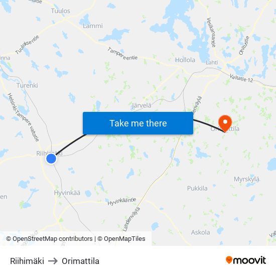Riihimäki to Orimattila map