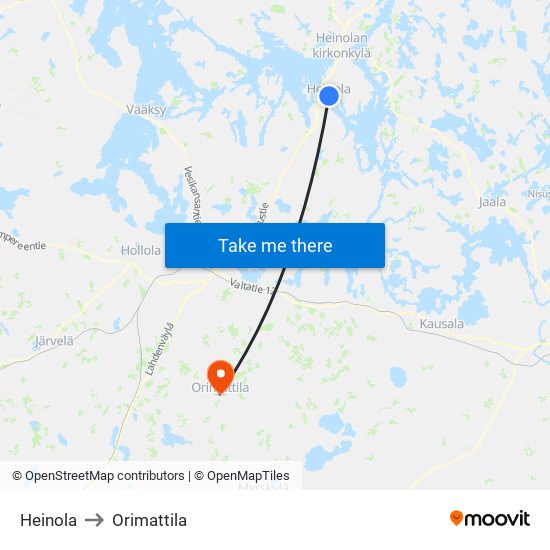 Heinola to Orimattila map