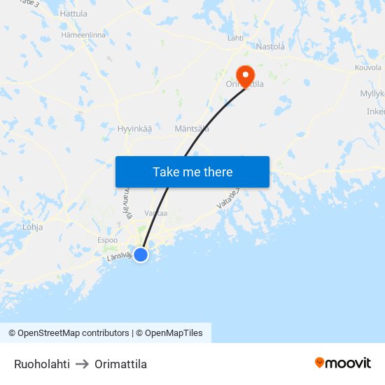 Ruoholahti to Orimattila map