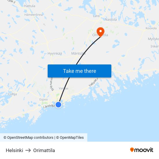 Helsinki to Orimattila map
