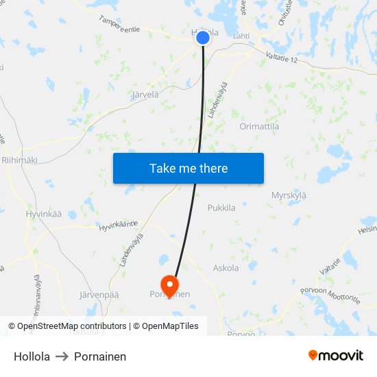 Hollola to Pornainen map