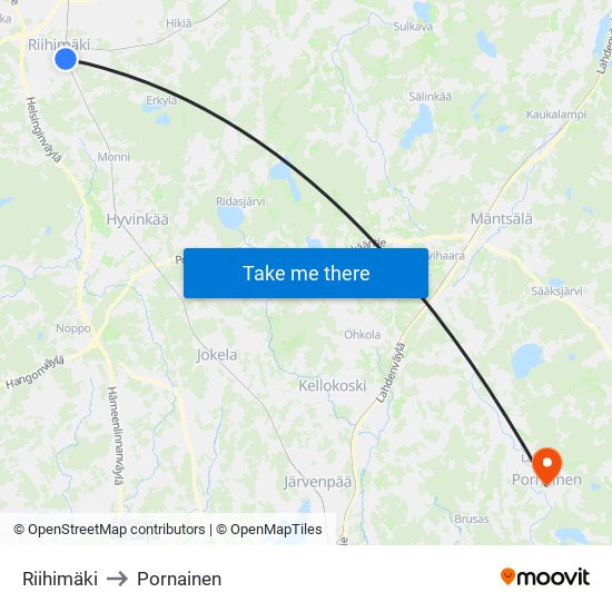 Riihimäki to Pornainen map