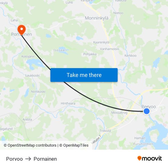 Porvoo to Pornainen map