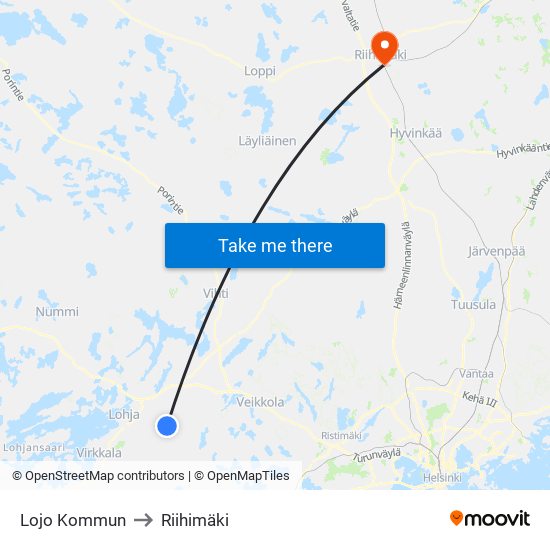 Lojo Kommun to Riihimäki map