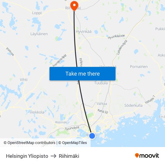 Helsingin Yliopisto to Riihimäki map