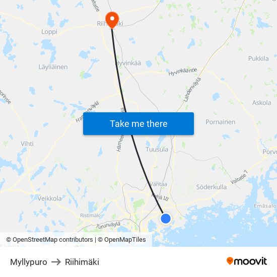 Myllypuro to Riihimäki map