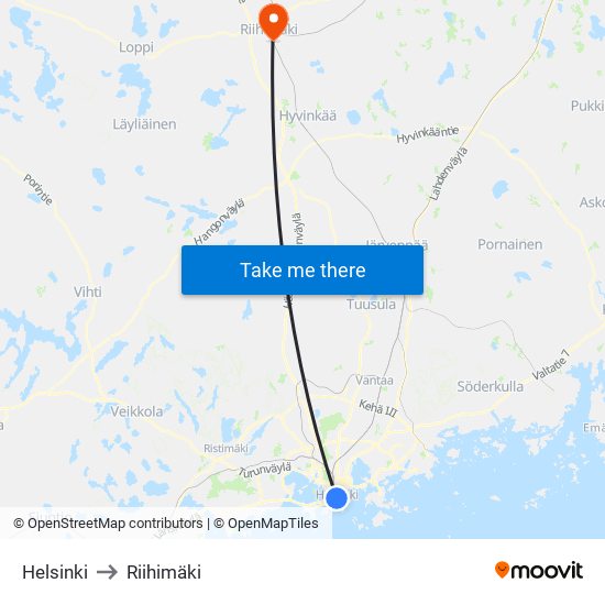 Helsinki to Riihimäki map