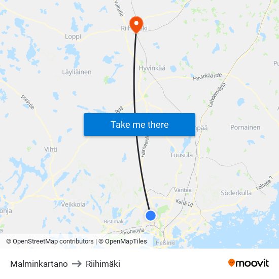 Malminkartano to Riihimäki map