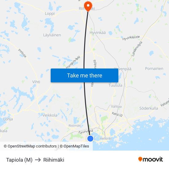 Tapiola (M) to Riihimäki map