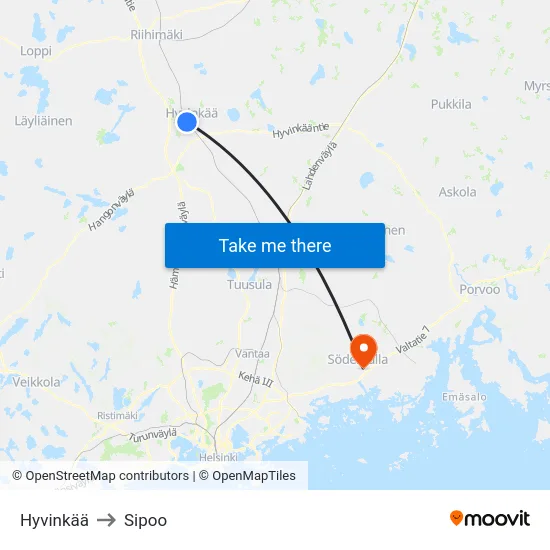 Hyvinkää to Sipoo map