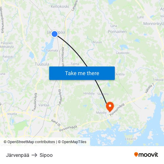 Järvenpää to Sipoo map