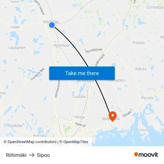 Riihimäki to Sipoo map