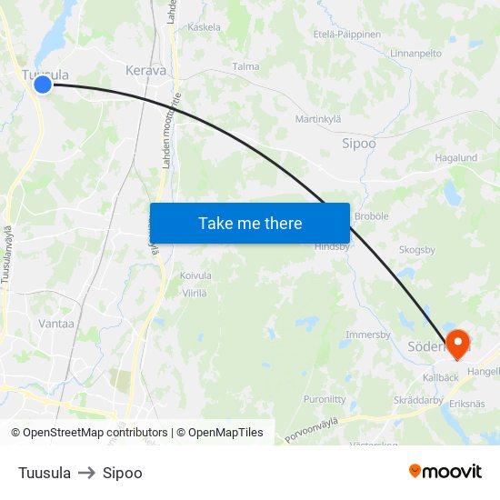 Tuusula to Sipoo map