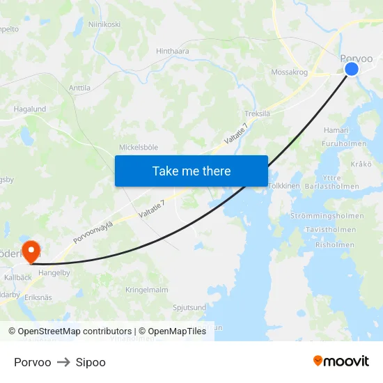 Porvoo to Sipoo map