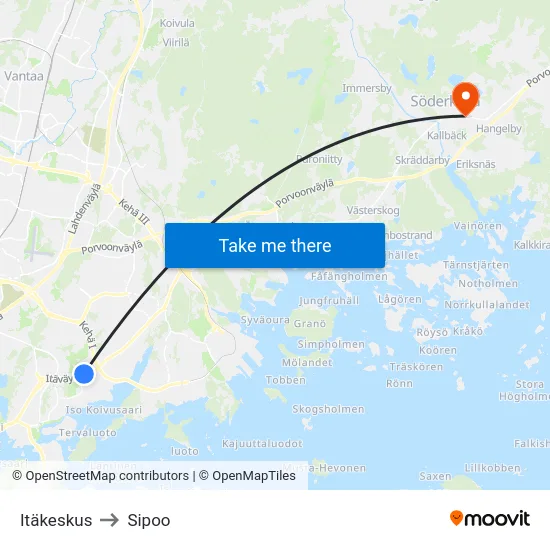 Itäkeskus to Sipoo map