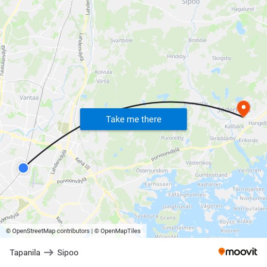 Tapanila to Sipoo map