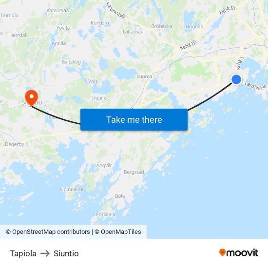 Tapiola to Siuntio map