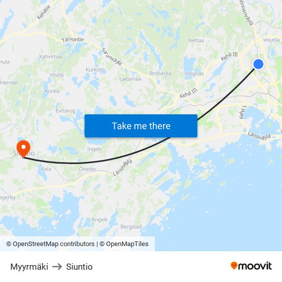 Myyrmäki to Siuntio map