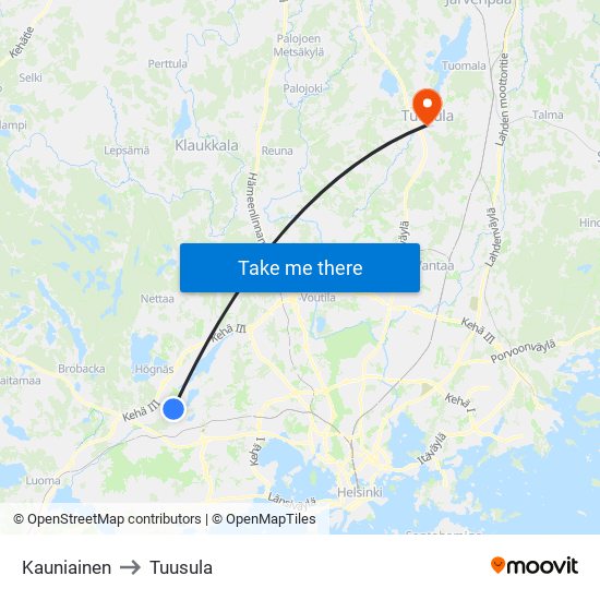 Kauniainen to Tuusula map