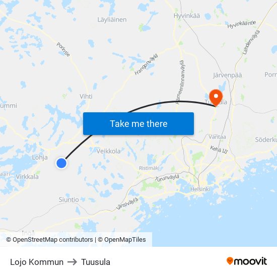 Lojo Kommun to Tuusula map