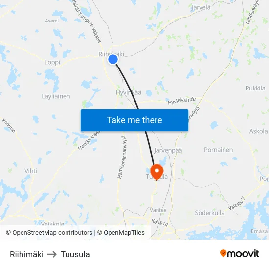 Riihimäki to Tuusula map