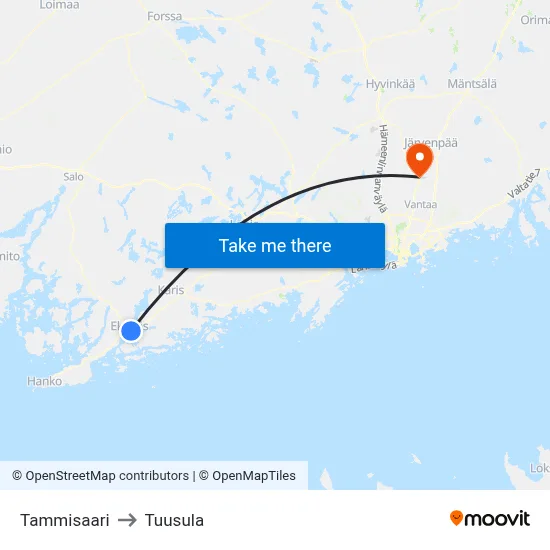 Tammisaari to Tuusula map