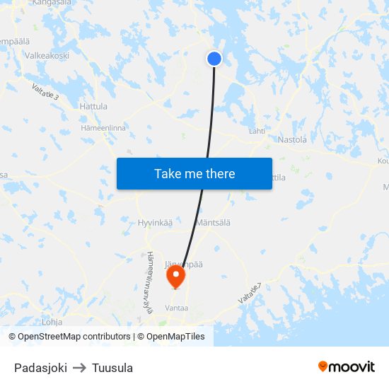 Padasjoki to Tuusula map