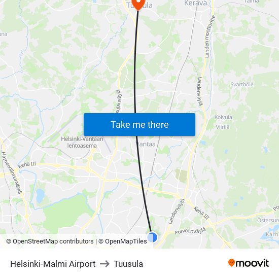 Helsinki-Malmi Airport to Tuusula map