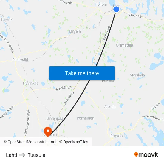 Lahti to Tuusula map