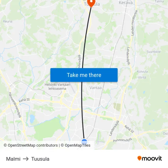 Malmi to Tuusula map