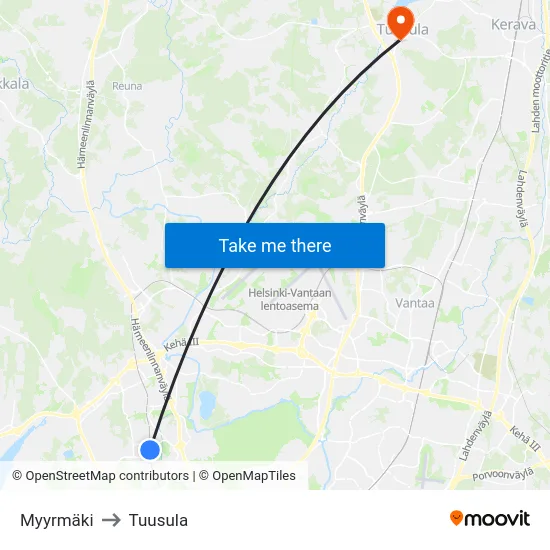 Myyrmäki to Tuusula map