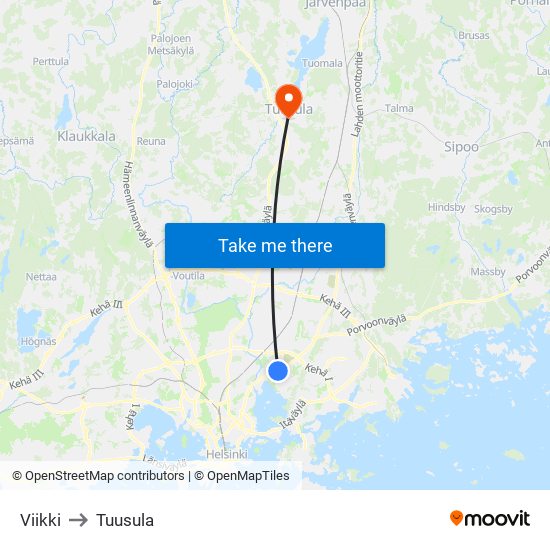 Viikki to Tuusula map